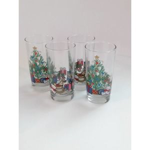Vintage AHC Christmas Glass Tumblers Set of 5 Highballs Christmas Trees Presents